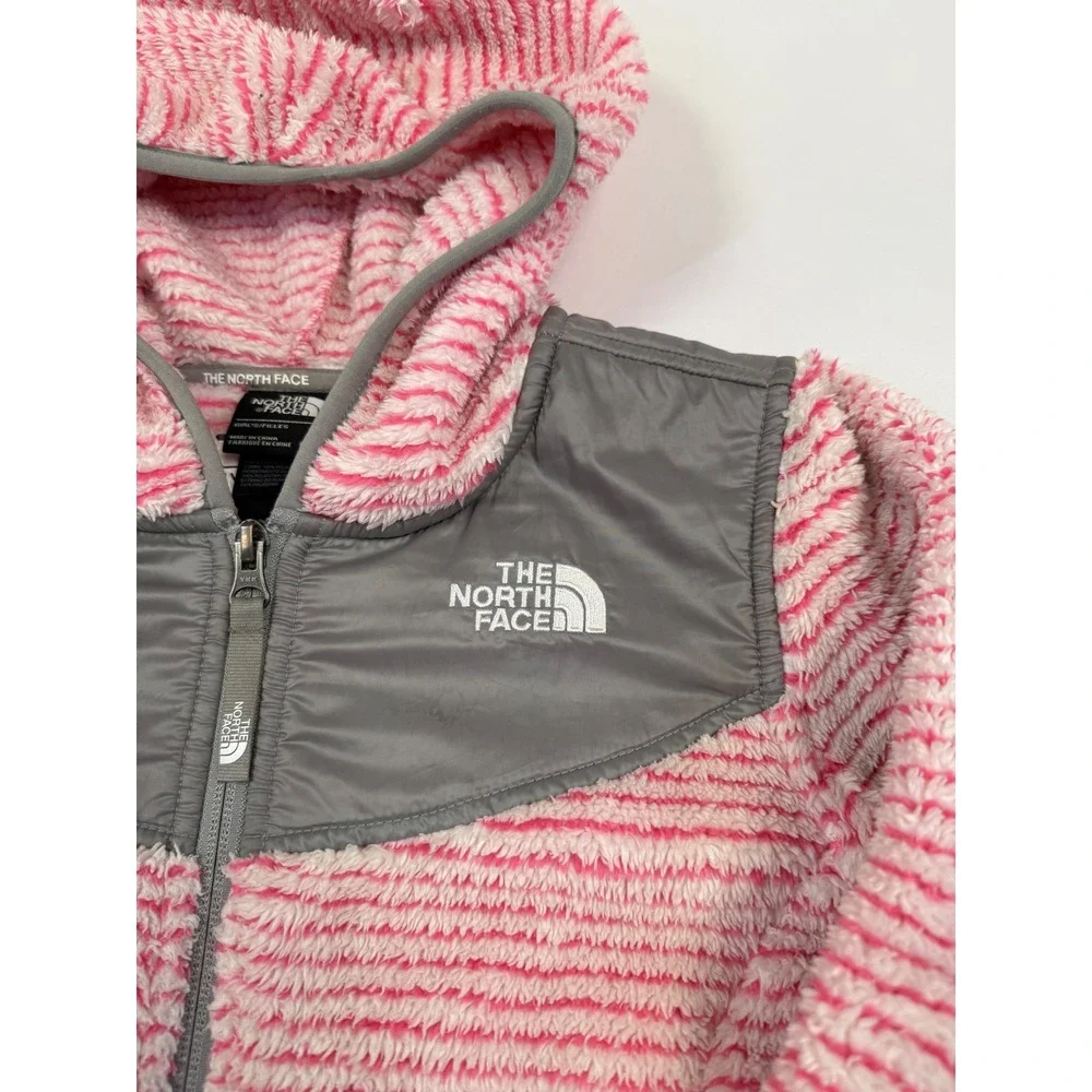 The North Face Girls Pink White Striped Full Zip Hooded‎ Fleece Jacket L (14/16)